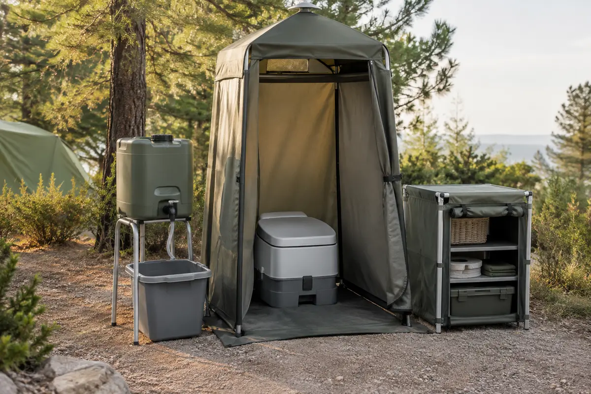 Abri toilette de camping avec toilette portable et récipients séparés pour l’eau propre et le lavage