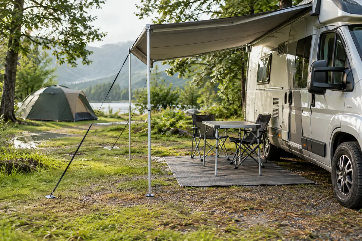 Auvent installé près d’un véhicule de camping, avec haubans tendus et espace repas abrité