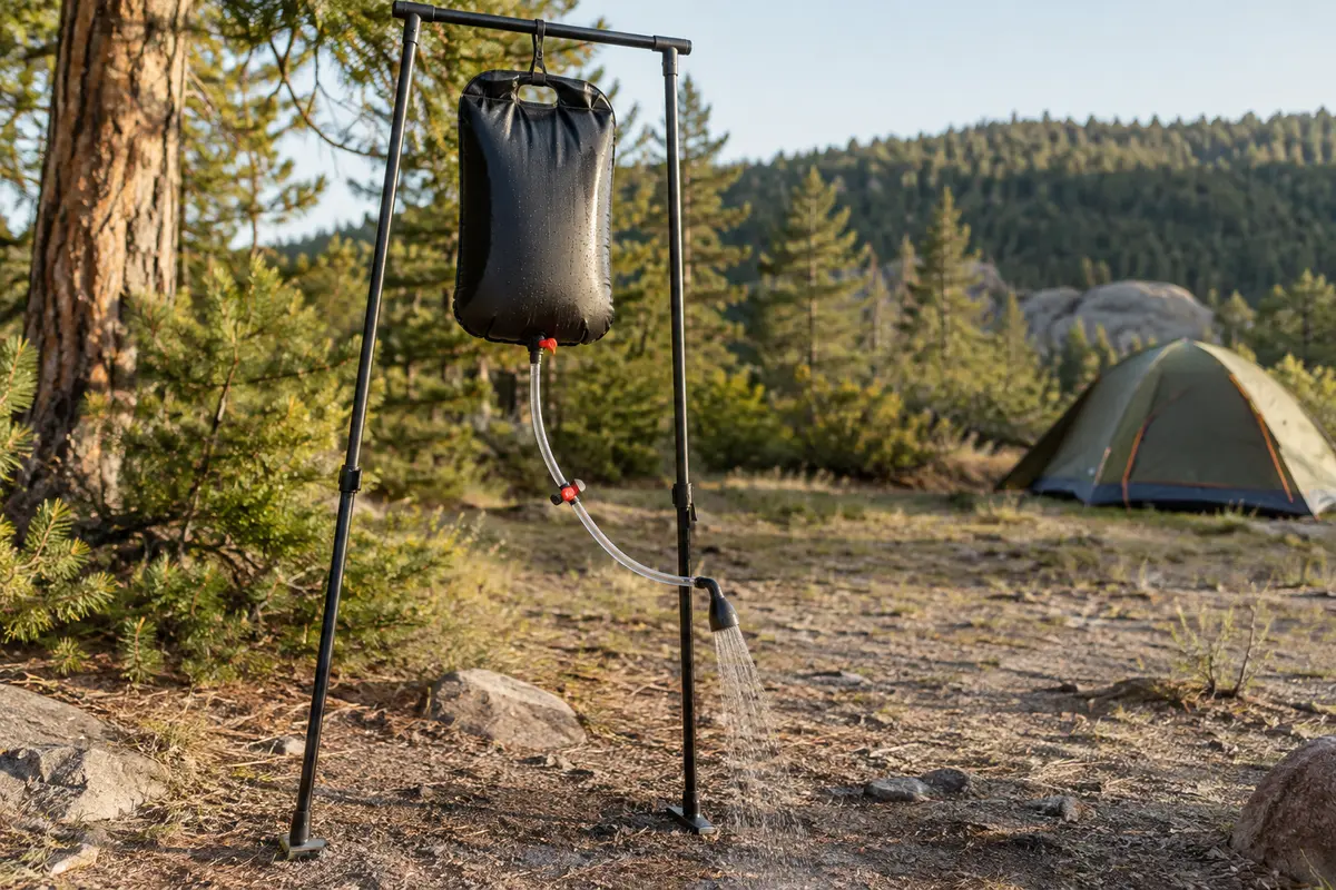 Douche solaire de camping suspendue à un support stable, avec son tuyau et son pommeau visibles