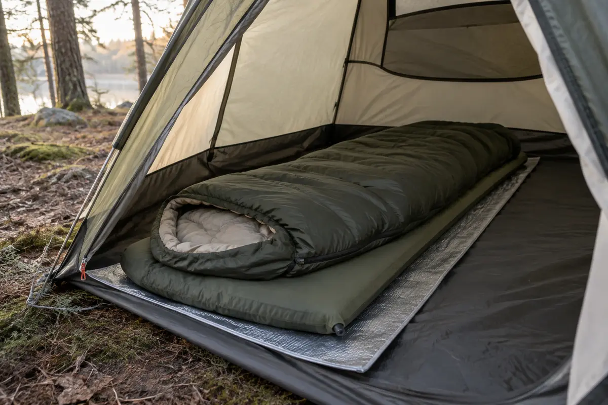 Matelas de camping installé dans une tente, avec une couche isolante entre le couchage et le sol froid.