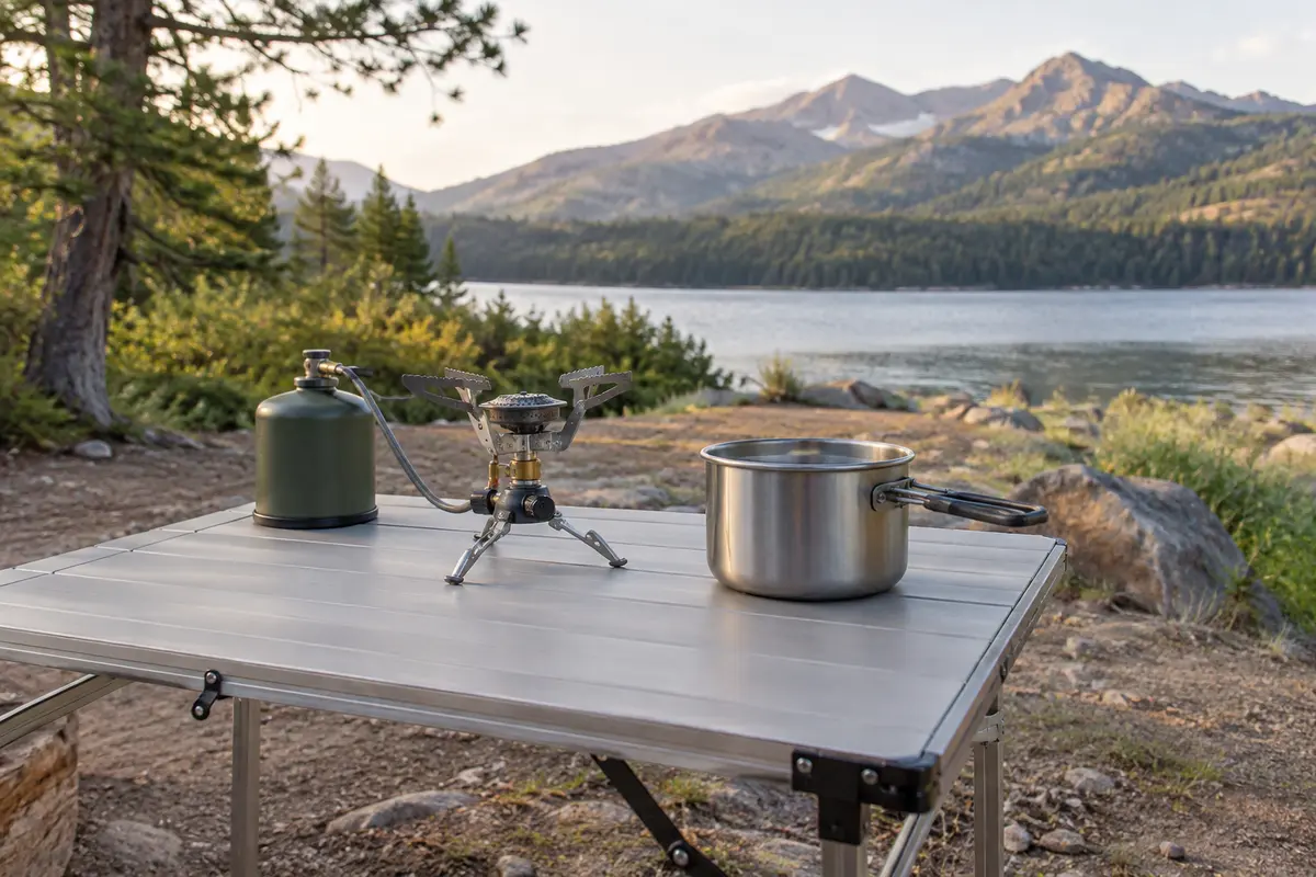 Réchaud de camping installé sur une table stable avec une popote et un espace dégagé