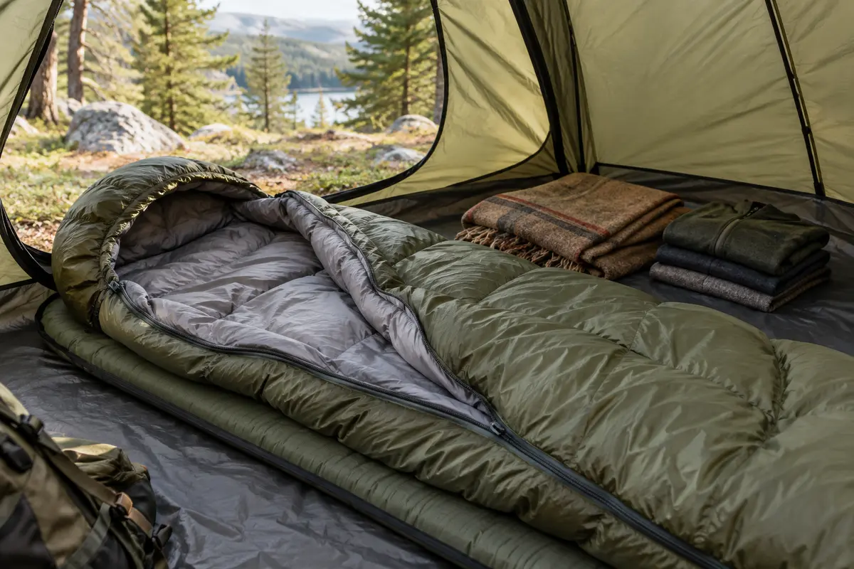 Sac de couchage ouvert sur un matelas dans une tente, avec des vêtements secs préparés pour la nuit