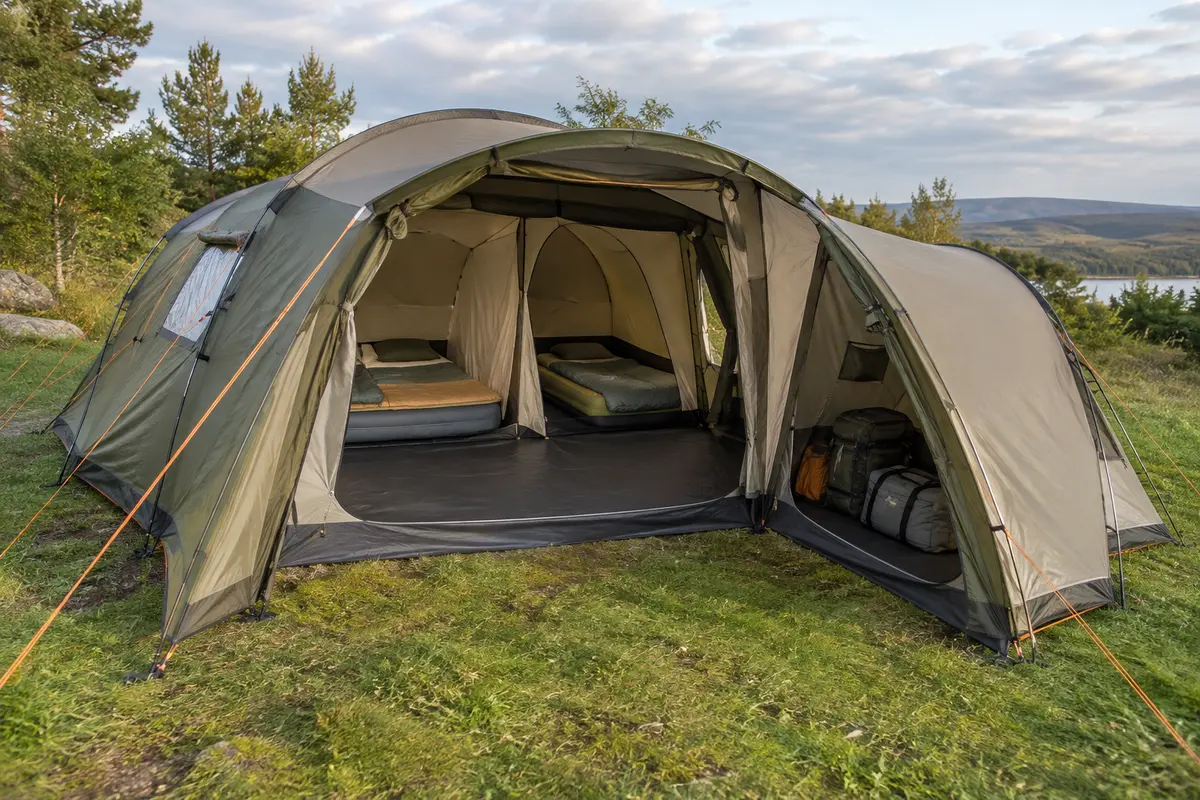 Tente familiale avec chambres de couchage et abside séparée pour les sacs