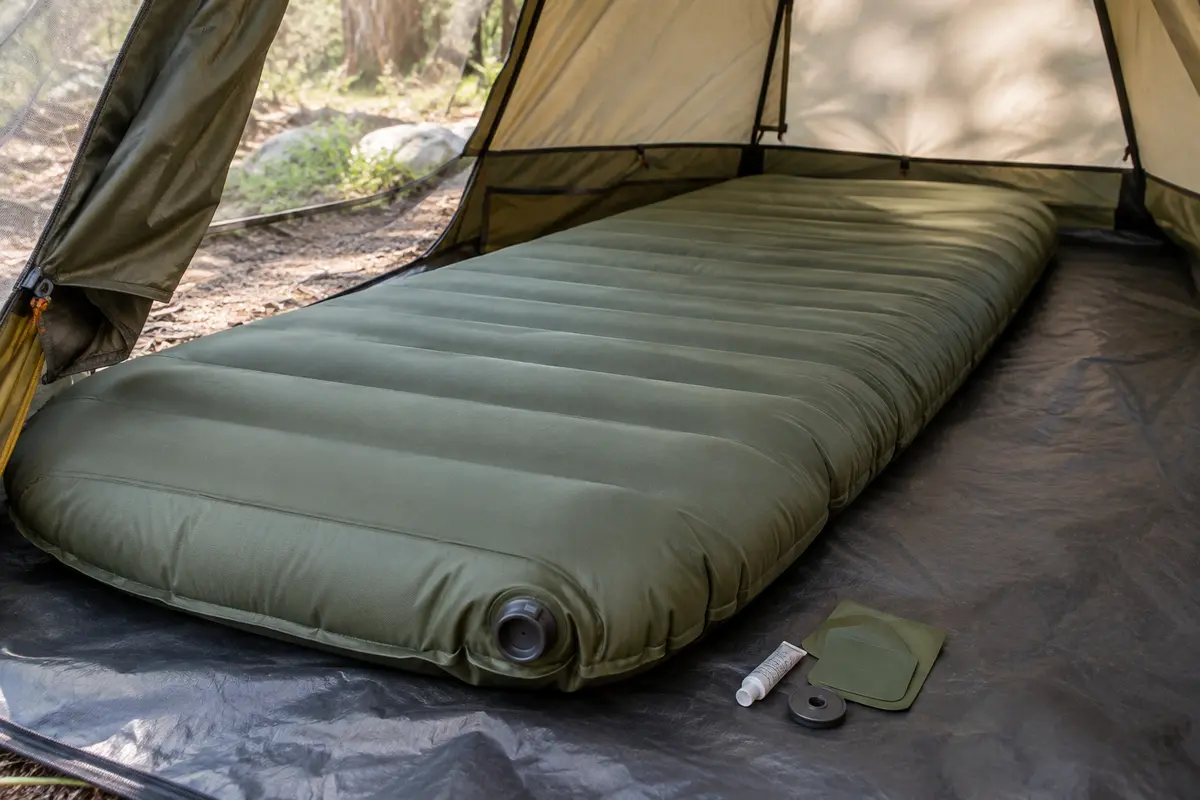 Matelas de camping gonflable posé sur un tapis propre, avec valve et kit de réparation à proximité