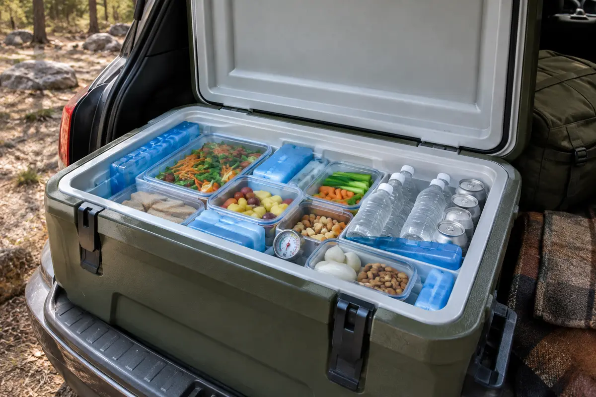 Glacière passive organisée avec pains de glace, boîtes étanches et thermomètre pour un trajet de camping