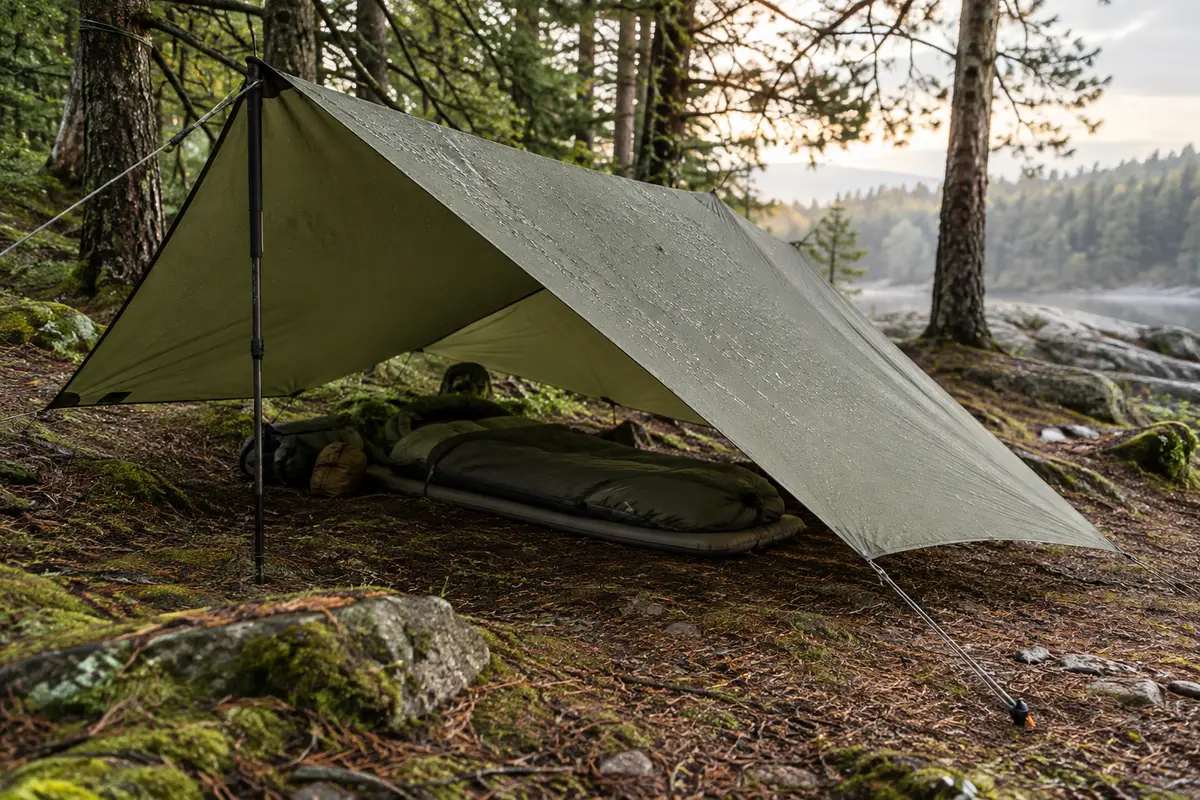 Tarp de bivouac tendu en pente, avec haubans ancrés et toile sans poche d’eau
