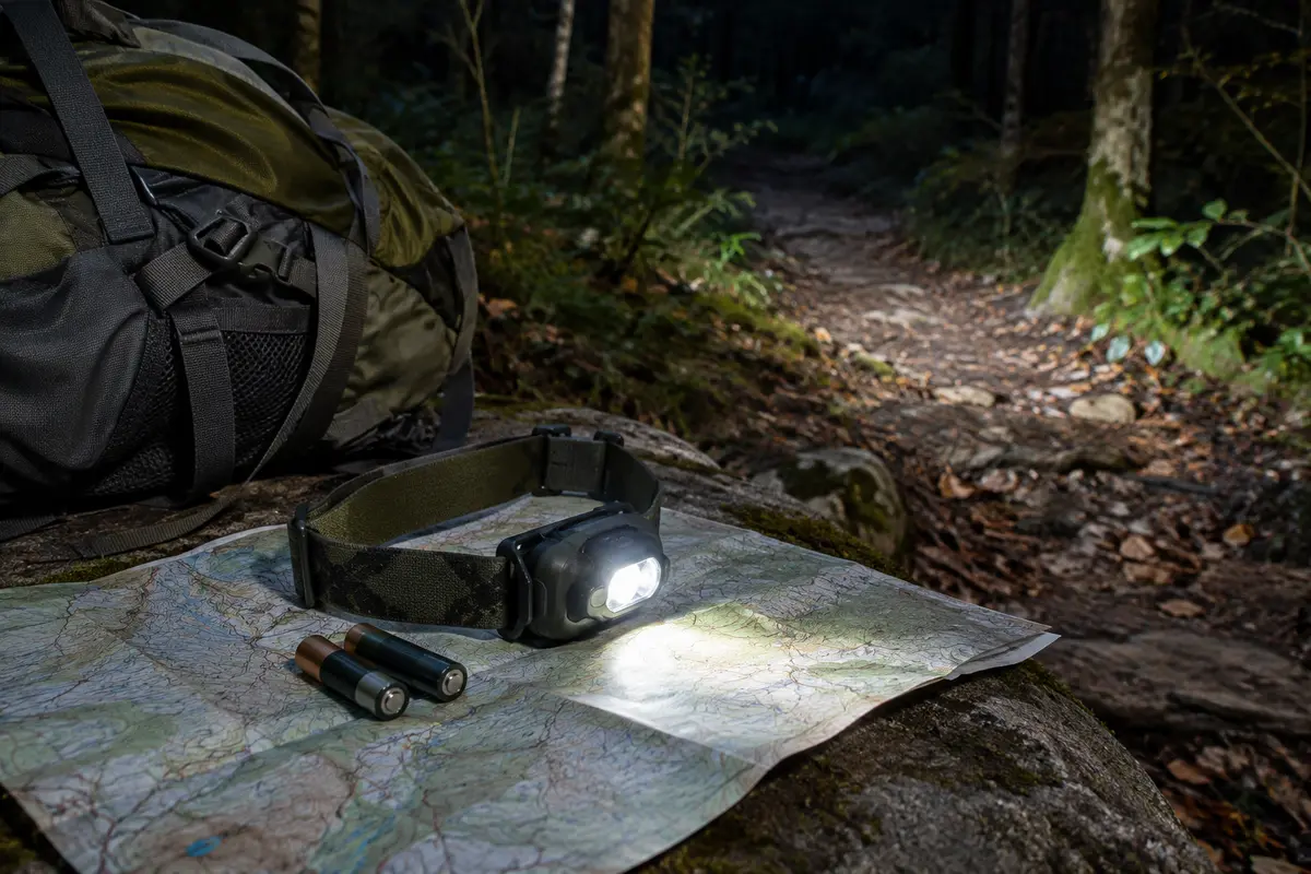 Lampe frontale de camping et piles de rechange posées sur une carte près d’un sentier nocturne.