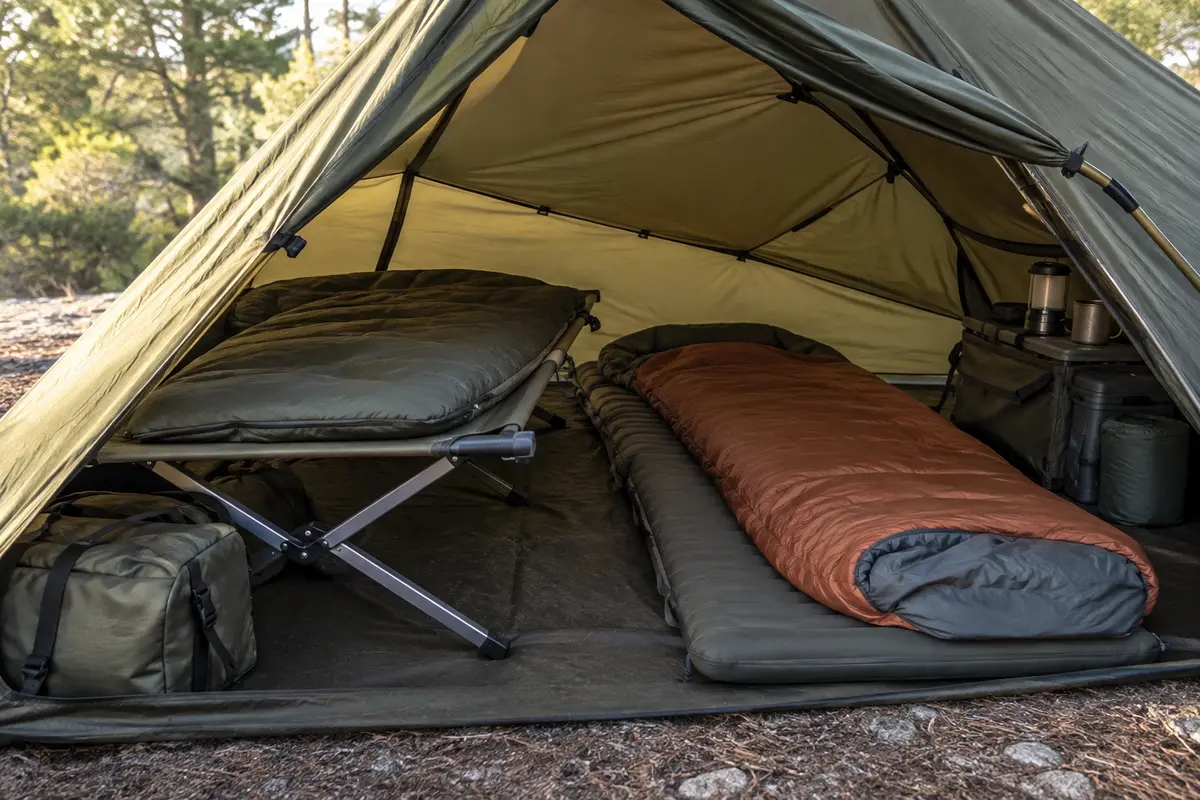 Lit de camp et matelas au sol comparés sous la toile inclinée d’une tente basse.