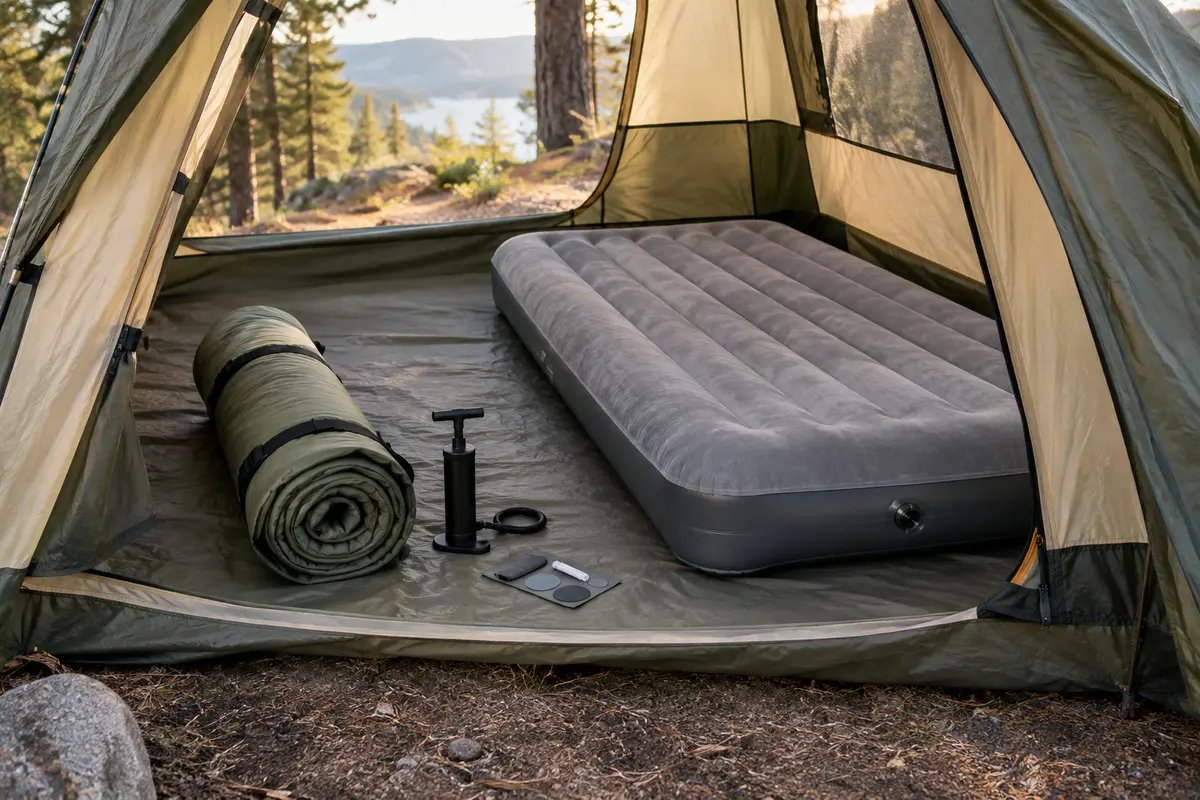 Matelas autogonflant et gonflable comparés près d’une tente, avec une pompe et un kit de réparation