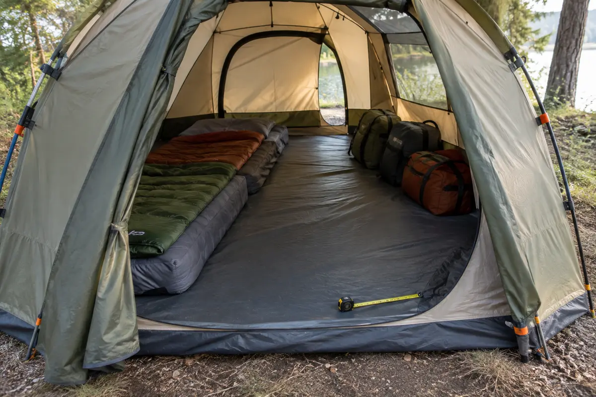 Tente montée avec matelas et sacs disposés pour visualiser l’espace intérieur et le passage vers la sortie