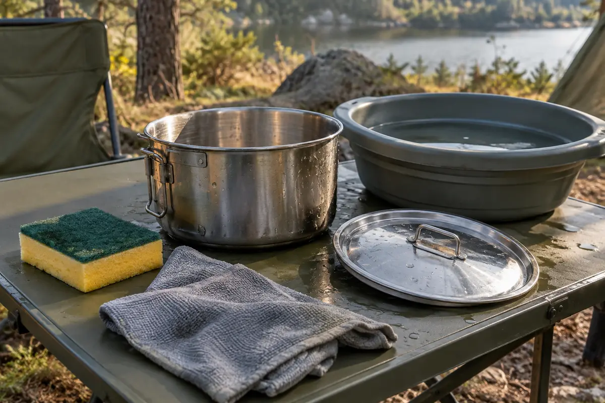 Popote de camping en inox, éponge douce et chiffon propre prêts pour le lavage et le séchage