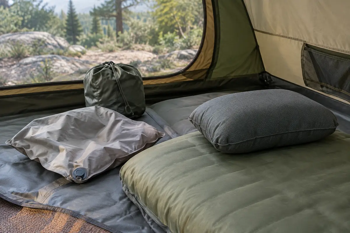 Oreillers gonflable et compressible comparés sur un matelas de camping dans une tente