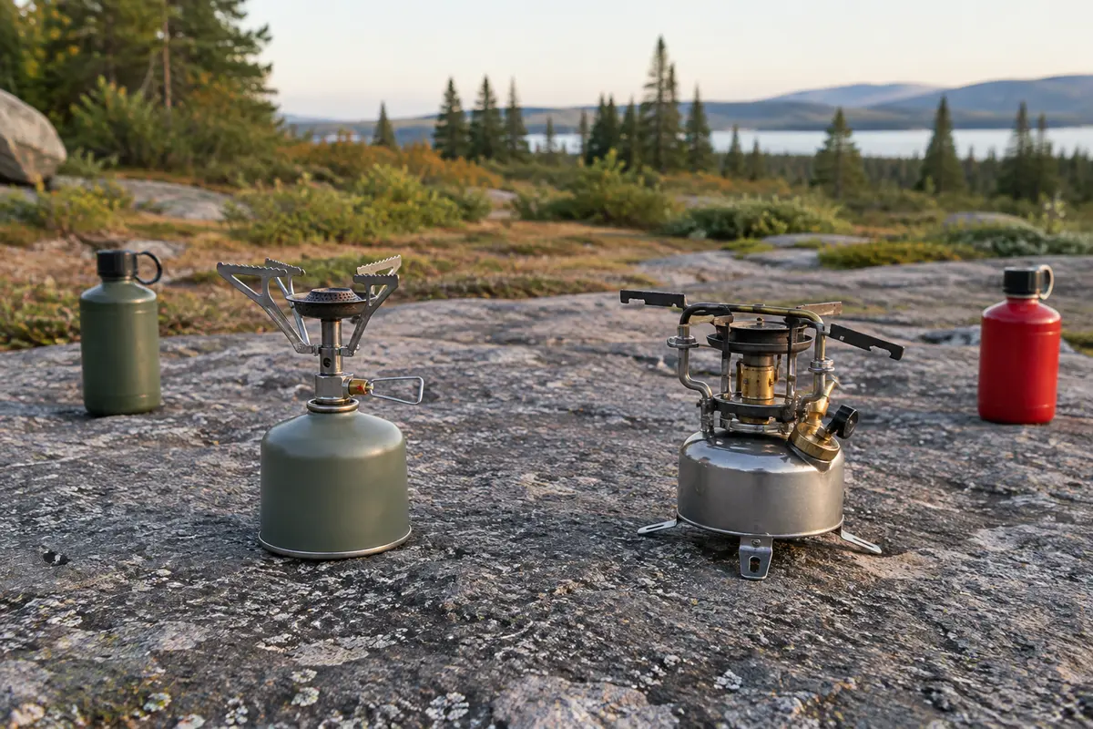 Réchauds à gaz et à essence éteints sur un sol stable, à l’extérieur et loin d’un abri.