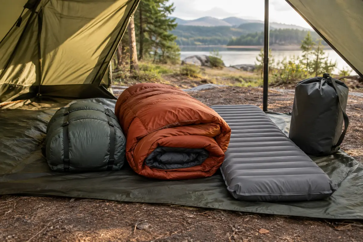 Deux sacs de couchage de volumes différents posés près d’un matelas sous une tente de camping