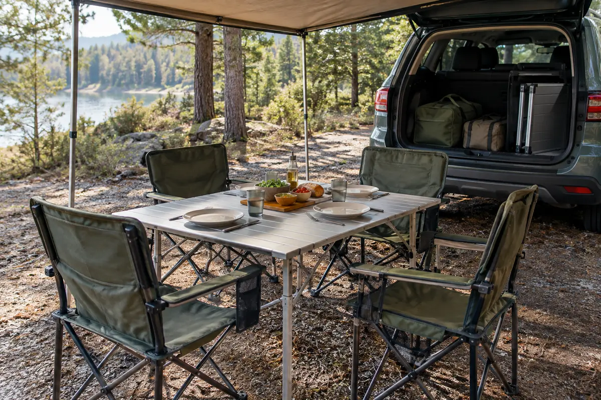 Table pliante de camping dressée pour quatre personnes près d’un coffre de voiture ouvert
