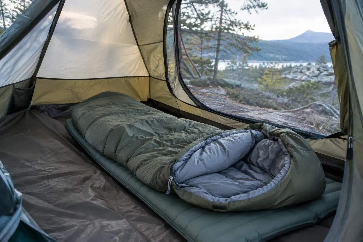 Sac de couchage ouvert posé sur un matelas isolant dans une tente de camping