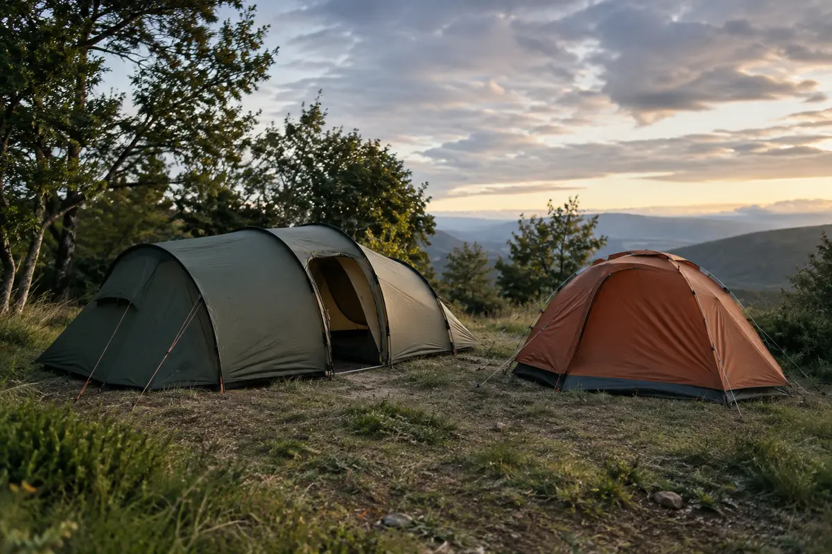 Tentes tunnel et dôme haubanées sur un emplacement de camping exposé à une brise