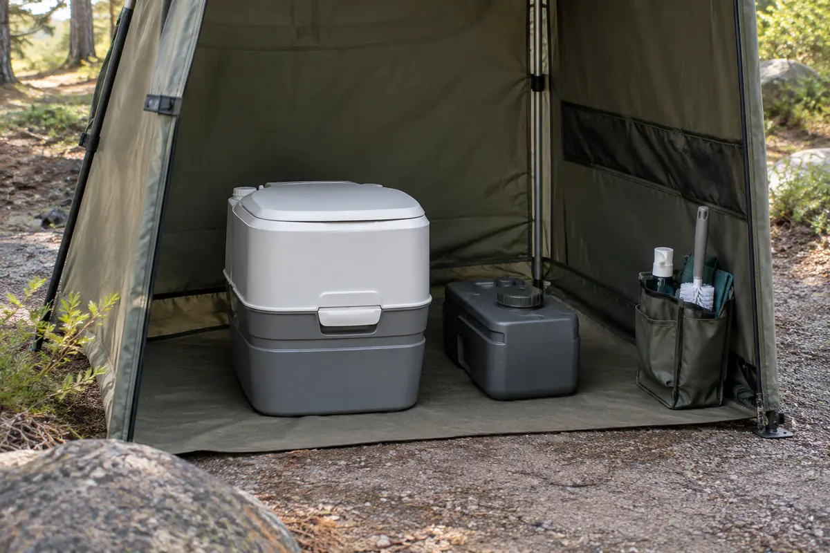 Toilette portable de camping à cuve amovible installée dans un coin sanitaire abrité et propre