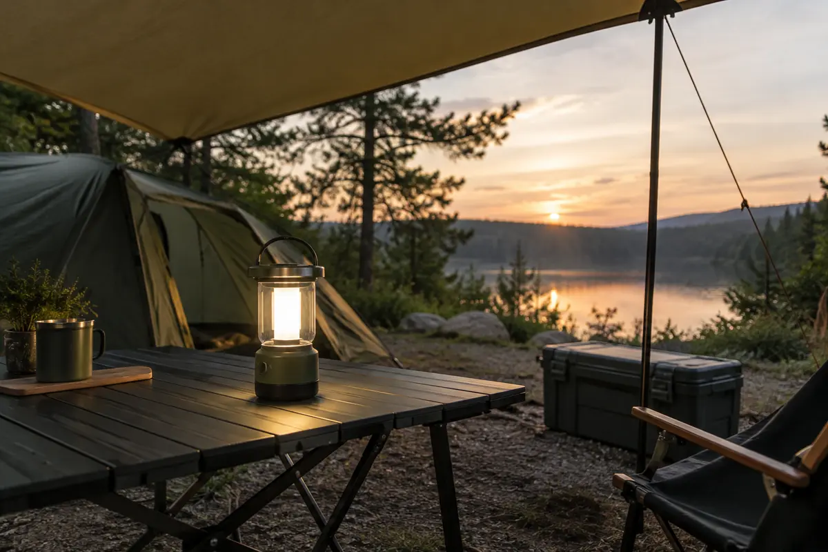 Lanterne de camping électrique posée à distance de la toile sous un auvent ouvert