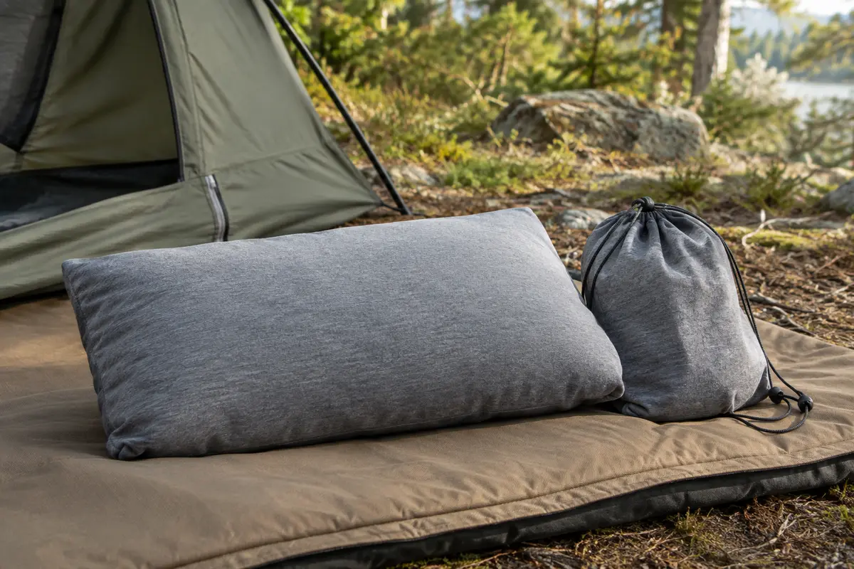 Oreiller de camping gris en coton jersey avec son sac de rangement, installé près d’une tente.