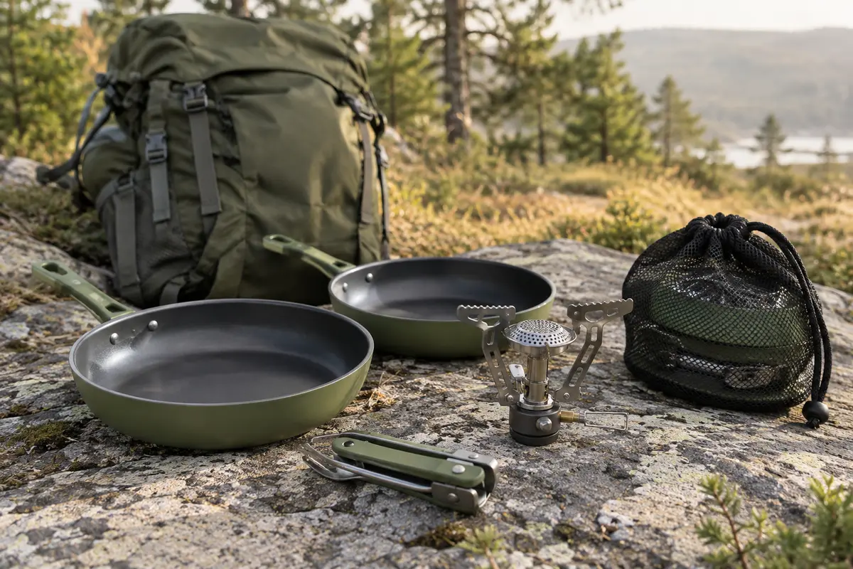 Kit de cuisson de camping vert avec deux poêles en aluminium, réchaud compact et accessoires de plein air