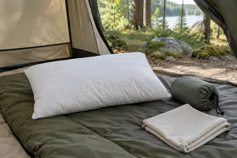 Oreiller de camping blanc en mousse à mémoire de forme posé sur un couchage de tente, avec sa housse et son sac.