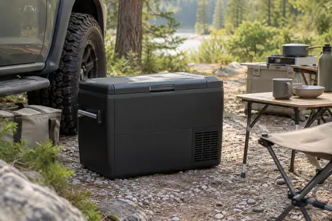 Glacière électrique compacte noire installée dans une clairière de camping près d’un véhicule.