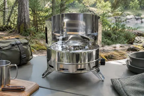 Réchaud de camping Amig en acier inoxydable avec pare-vent et support pour casserole