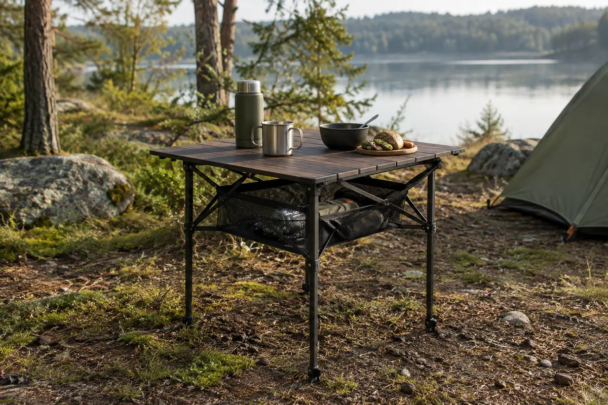 Table de camping pliante noire avec plateau compact, trois hauteurs réglables et filet de rangement inférieur