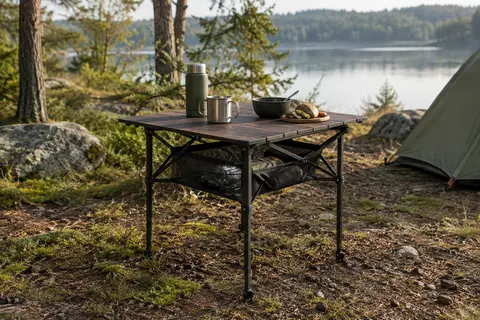 Table de camping pliante noire avec plateau compact, trois hauteurs réglables et filet de rangement inférieur