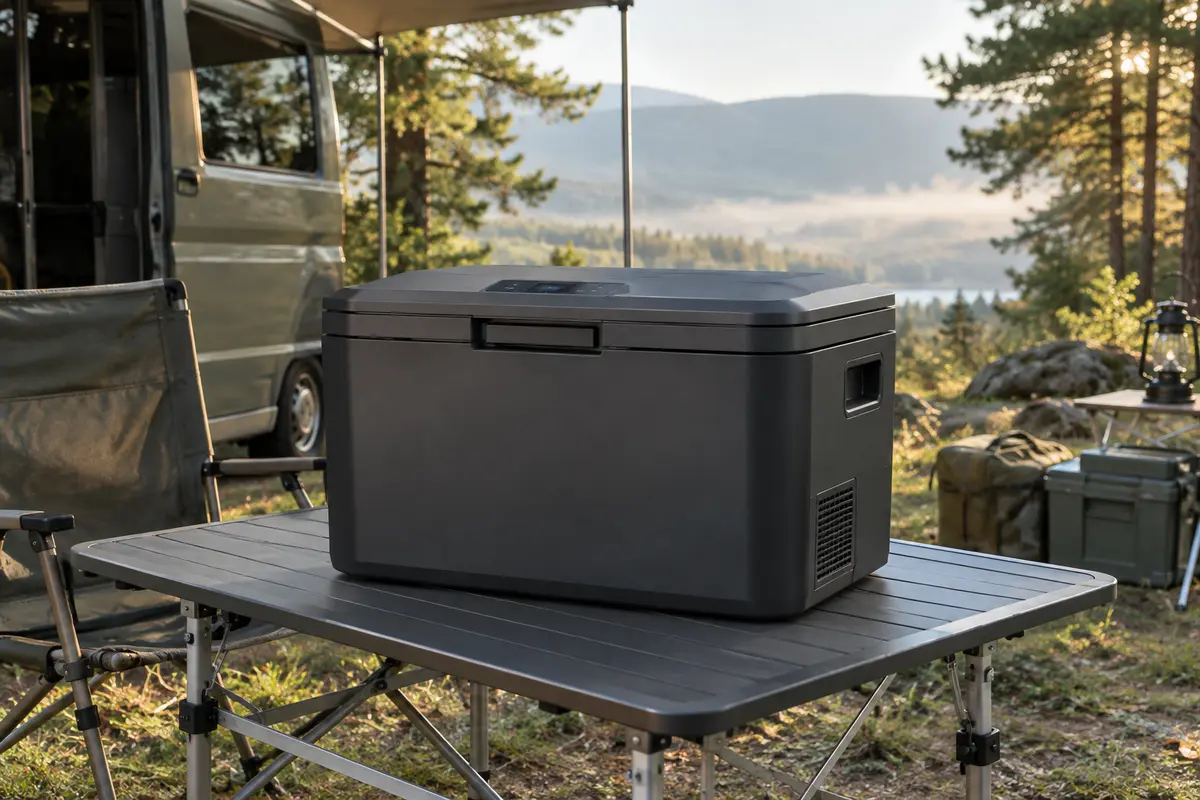 Glacière à compresseur anthracite installée sur une table de camping dans une clairière