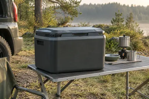 Glacière thermoélectrique anthracite de 20 litres posée sur une table de camping en clairière.