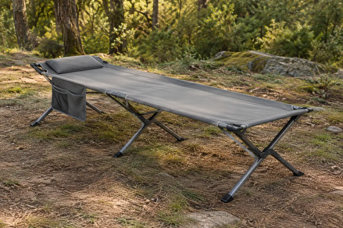 Lit de camp pliant gris avec oreiller intégré et poche latérale, installé dans une clairière