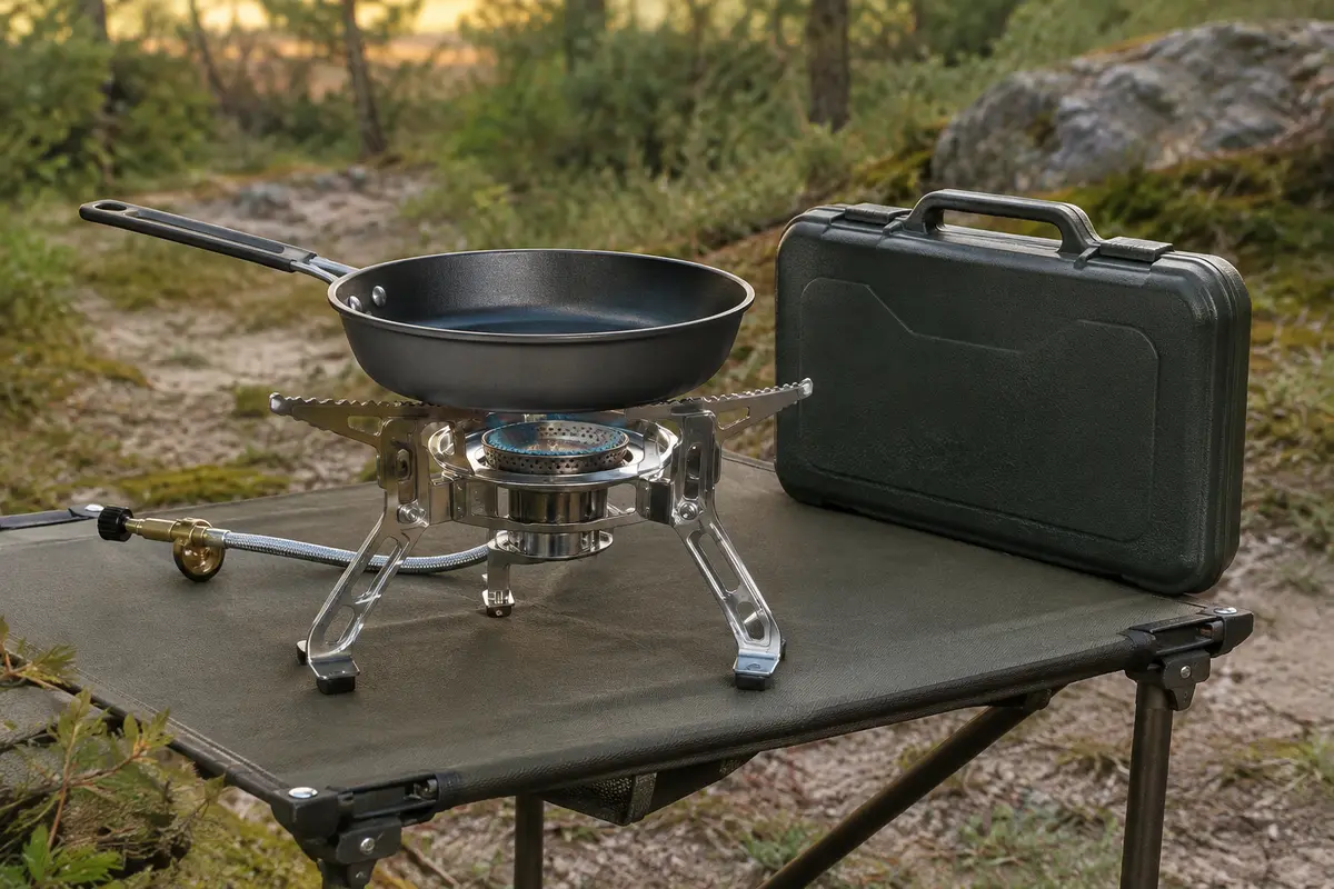 Réchaud de camping Axig à un feu avec poêle et mallette de transport dans une clairière