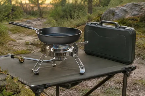Réchaud de camping Axig à un feu avec poêle et mallette de transport dans une clairière