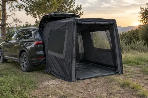 Tente arrière anthracite Berger Tonale fixée au hayon ouvert d’un SUV dans une clairière