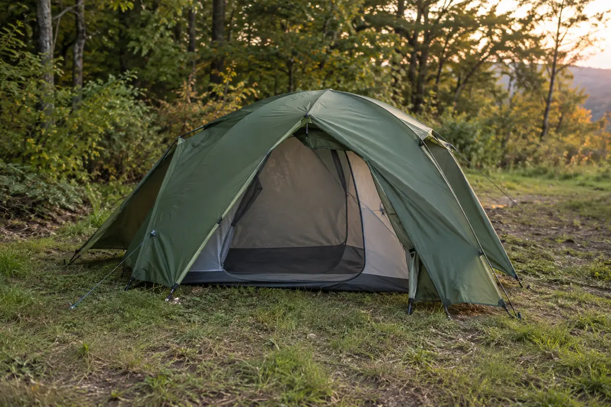 Tente dôme verte à deux portes installée dans une clairière, avec ses vestibules et son double toit.