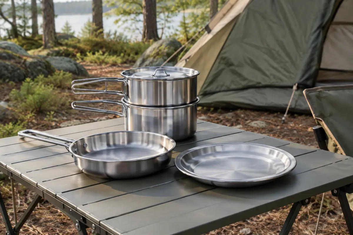 Popote de camping en inox avec deux casseroles, une poêle et une assiette sur une table de bivouac.