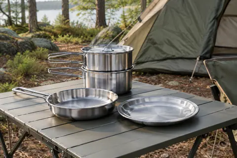Popote de camping en inox avec deux casseroles, une poêle et une assiette sur une table de bivouac.