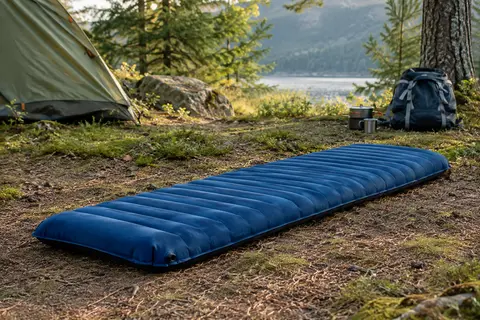Matelas gonflable individuel bleu à surface floquée installé sur un sol de camping dans une clairière.