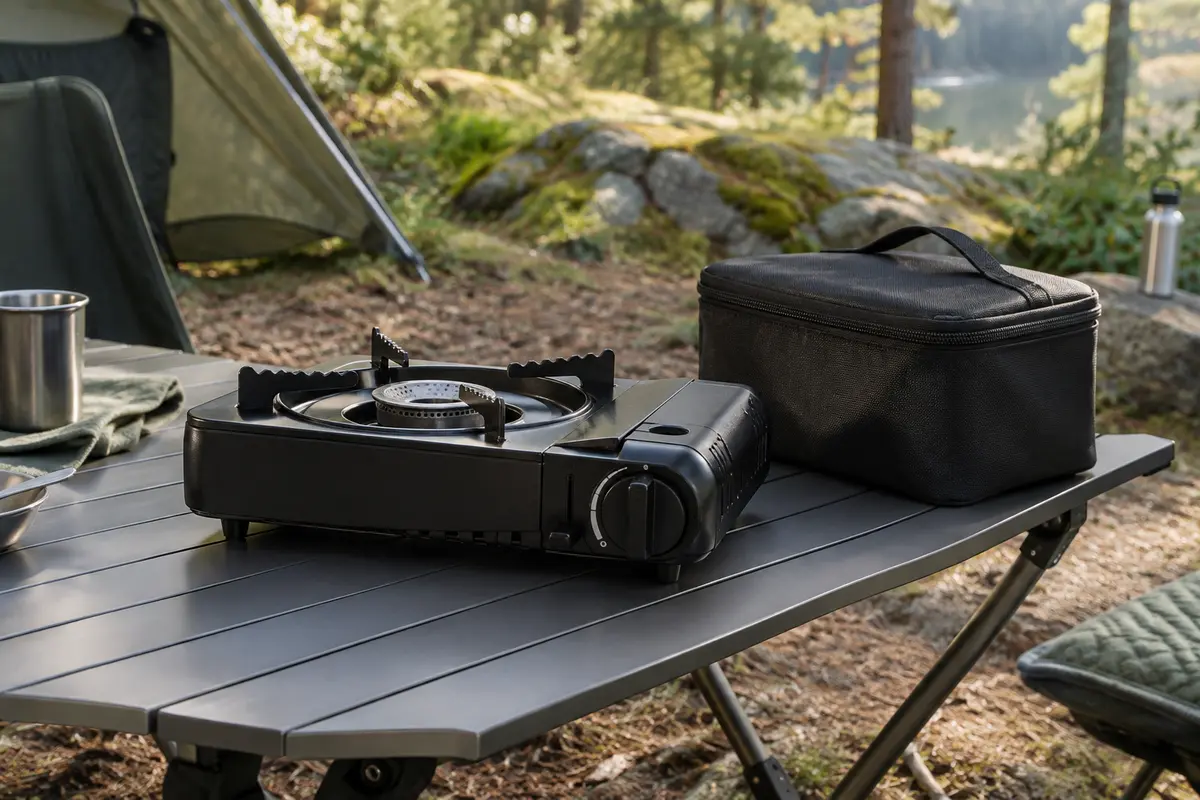 Réchaud à gaz portable noir à brûleur unique posé sur une table de camping en plein air, avec son étui.