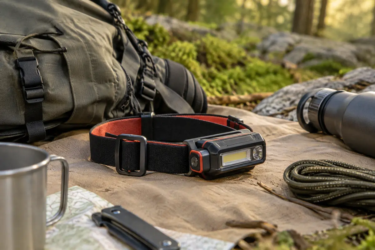 Lampe frontale Blukar noire et rougeâtre posée sur une toile de camping dans une clairière.