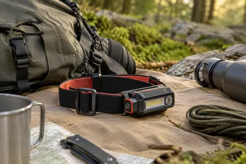 Lampe frontale Blukar noire et rougeâtre posée sur une toile de camping dans une clairière.