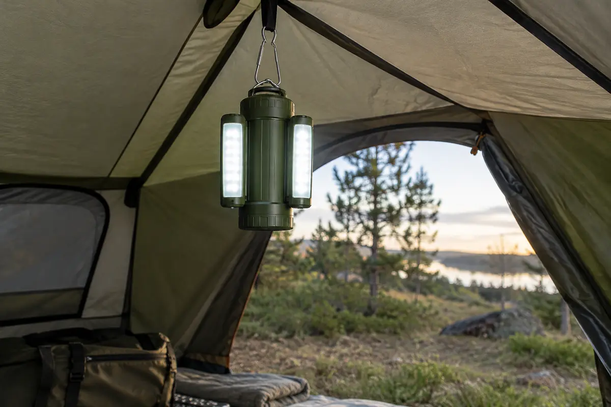 Lanterne de camping verte à panneaux latéraux dépliés, suspendue dans une tente sobre en fin de journée.