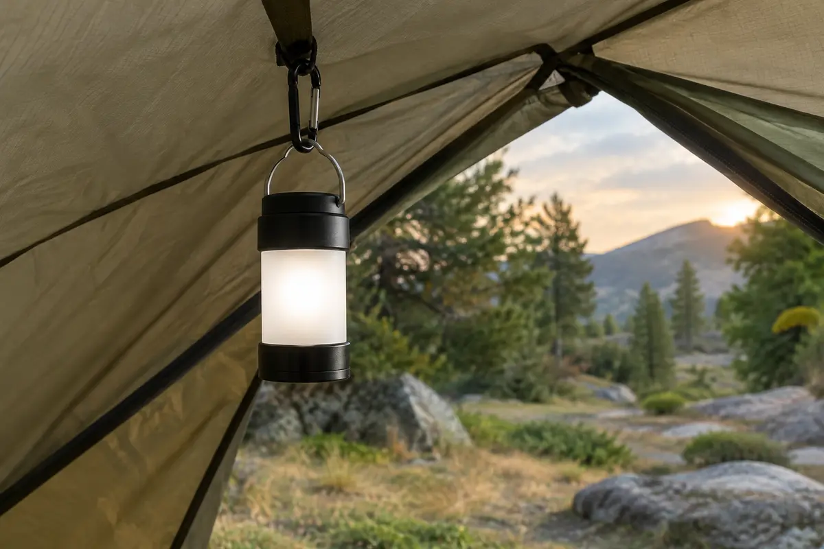 Lanterne de camping noire à lumière diffuse suspendue dans une tente en toile, avec sa poignée et son mousqueton.