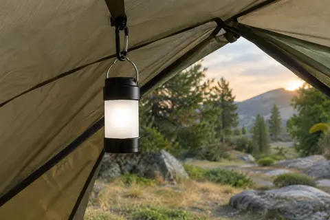 Lanterne de camping noire à lumière diffuse suspendue dans une tente en toile, avec sa poignée et son mousqueton.
