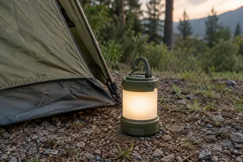 Lanterne de camping LED verte avec crochet supérieur, posée près d’une tente dans une clairière.