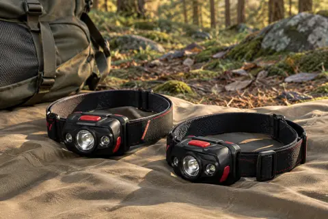 Deux lampes frontales Blukar noires et rouges avec leur bandeau, posées sur une toile de camping.