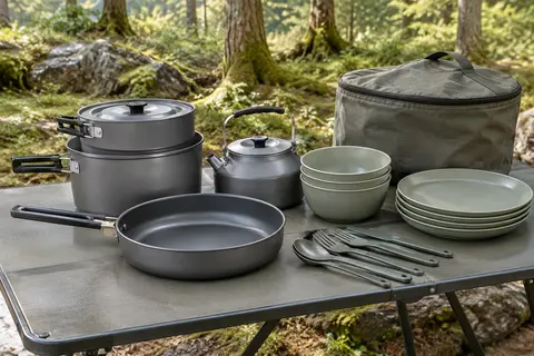 Popote de camping avec casseroles, poêle, bouilloire, vaisselle et sac de rangement dans une clairière