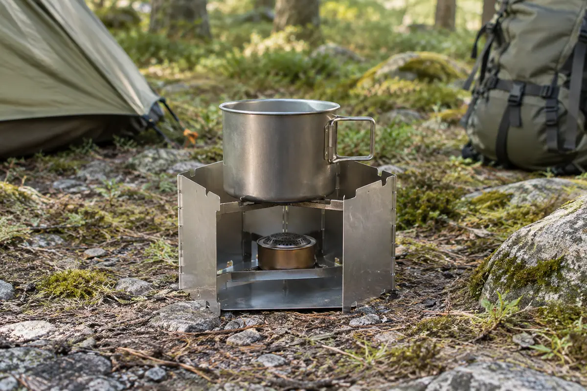 Réchaud pliant en titane installé sur un sol minéral, avec un pot posé sur ses barres de support.
